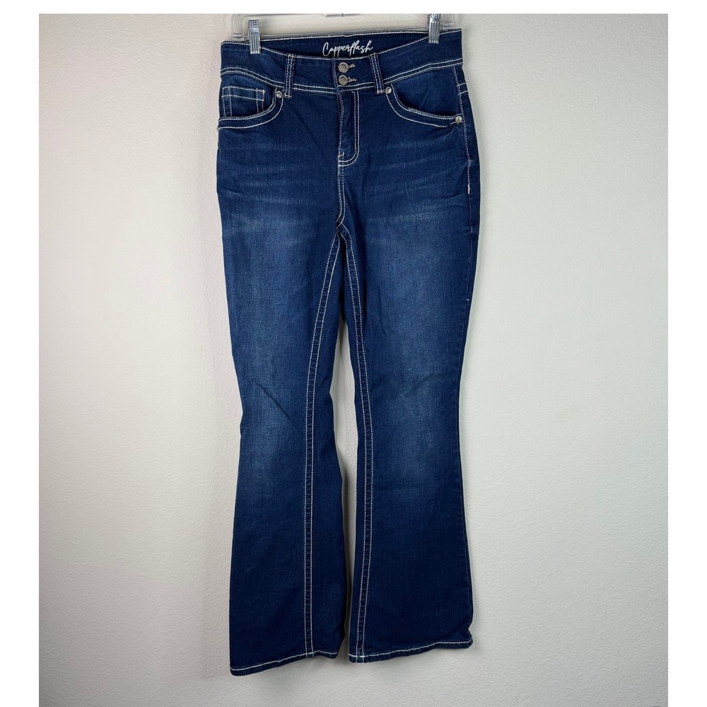 Copper Flash Women's Curvy Boot Cut Dark Wash Denim Faded Stretch Jeans Size 8